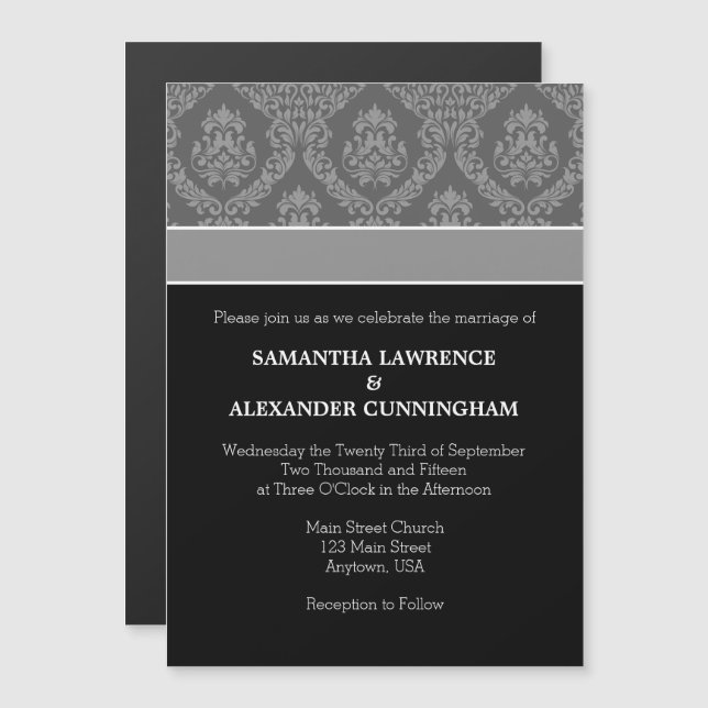 Black Grey Damask Magnetic Wedding Invitation (Front/Back)