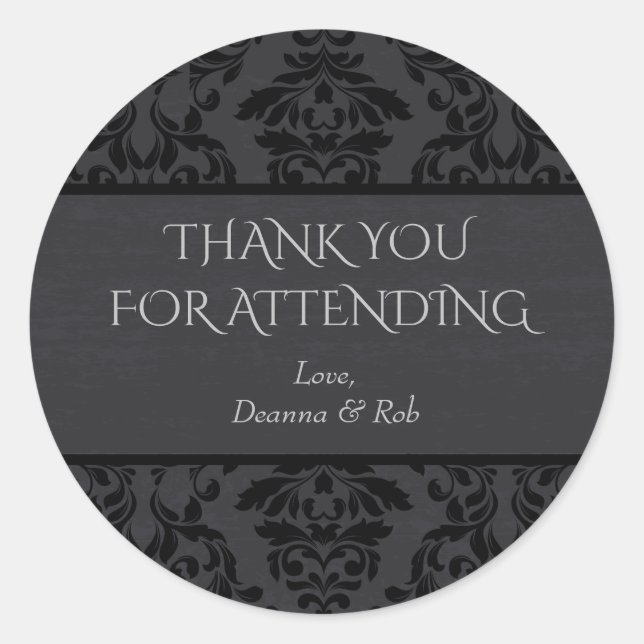 Black & Grey Damask Thank You Stickers (Front)