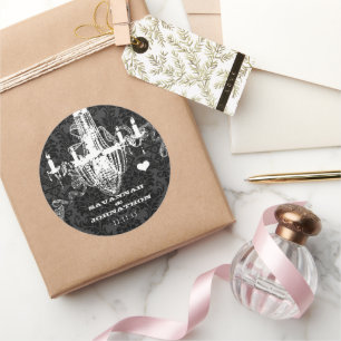 Black & Grey Damask Vintage Chandelier Wedding Classic Round Sticker