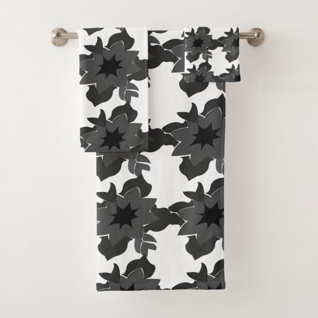 Black Grey Decorative Chic Abstract Floral Pattern Bath Towel Set (Insitu)