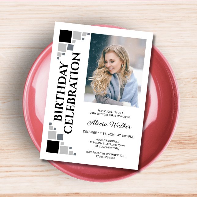 Black Grey Digital Frame Corner Photo Birthday  Invitation (Creator Uploaded)