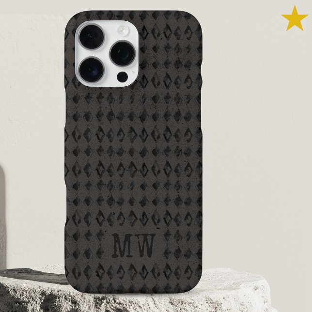 Black Grey Doodle Diamond Pattern Custom Monogram iPhone Case (Creator Uploaded)