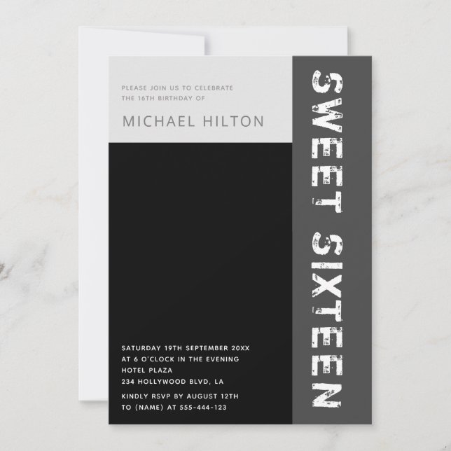 Black grey elegant colour block boy sweet sixteen  invitation (Front)