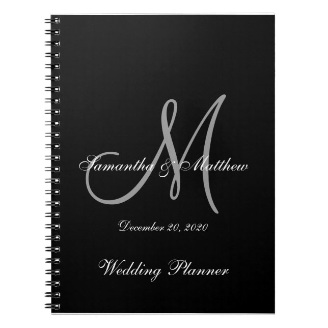 Black Grey Elegant Monogram Wedding Notebook (Front)