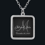 Black Grey Elegant Monogram Wedding Silver Plated Necklace<br><div class="desc">Elegant Monogram Wedding Necklace. Design by Elke Clarke © 2008 for MonogramGallery at Zazzle. Black and white with grey initial text overlay with bride and groom names and wedding date. Great wedding gift,  wedding keepsake or wedding favour.</div>