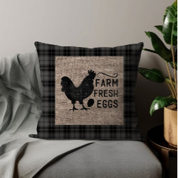 Black Grey Farm Fresh Eggs Chicken Burlap Cushion