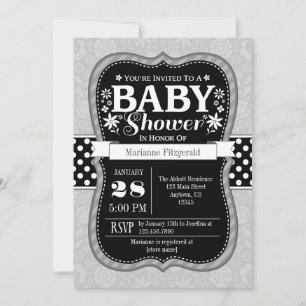 Black Grey Floral Flower Baby Shower Invitation