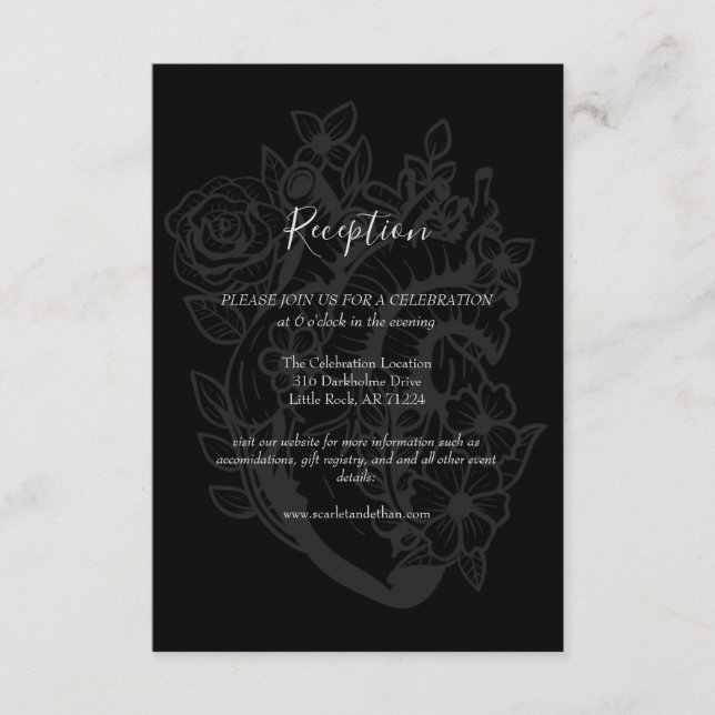 Black & Grey Floral Heart Gothic Wedding Reception Enclosure Card (Front)