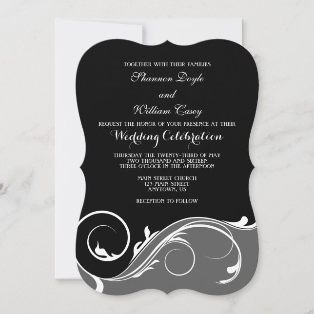 Black Grey Floral Swirl Bracket Wedding Invites (Front)