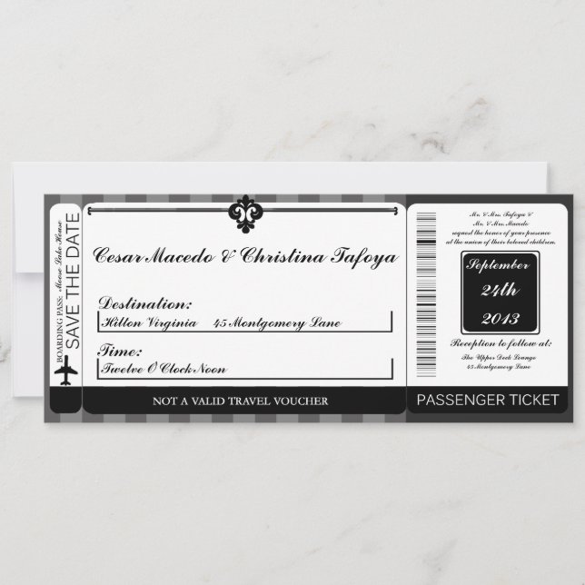Black Grey Flouri Boarding Pass Wedding Invitation (Front)