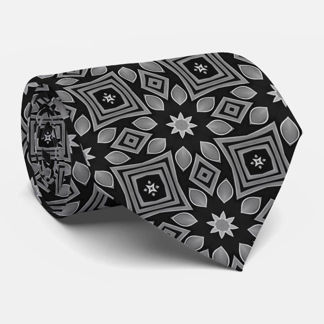 Black Grey Geometric Floral Pattern Necktie (Rolled)