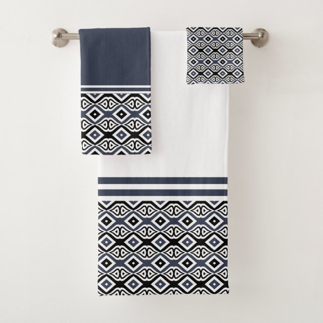 Black Grey Geometric Pattern Bath Towel Set (Insitu)
