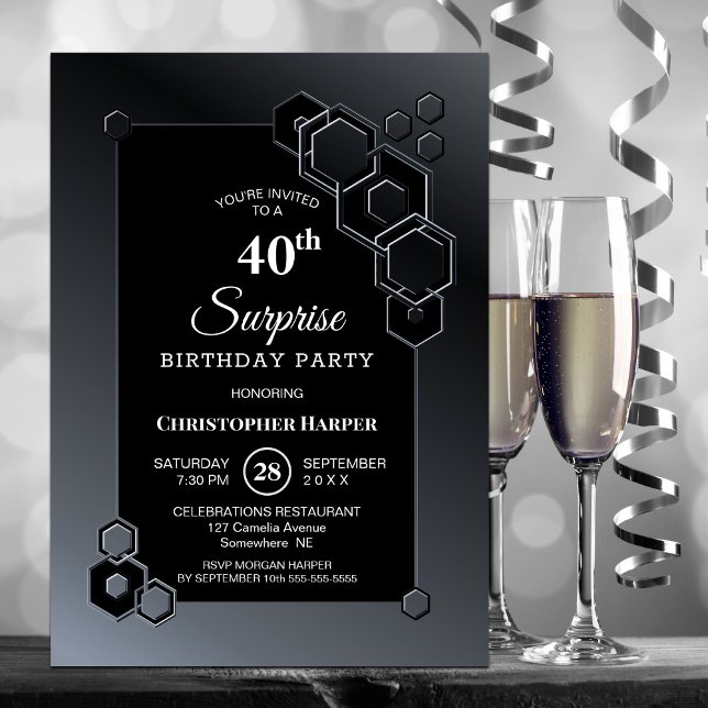 Black Grey Geometric Surprise 40th Birthday Party Invitation (Creator Uploaded)