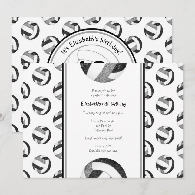 black grey girls' volleyball birthday party invitation (Front/Back)