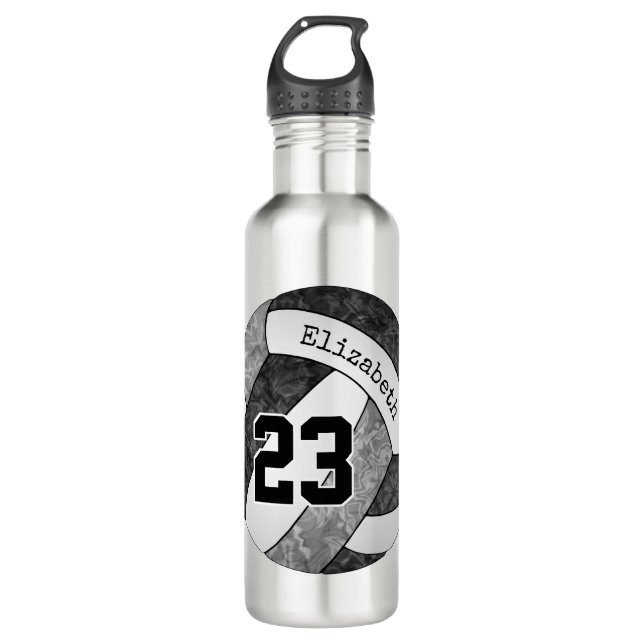 Black grey girls' volleyball custom name number 710 ml water bottle (Front)