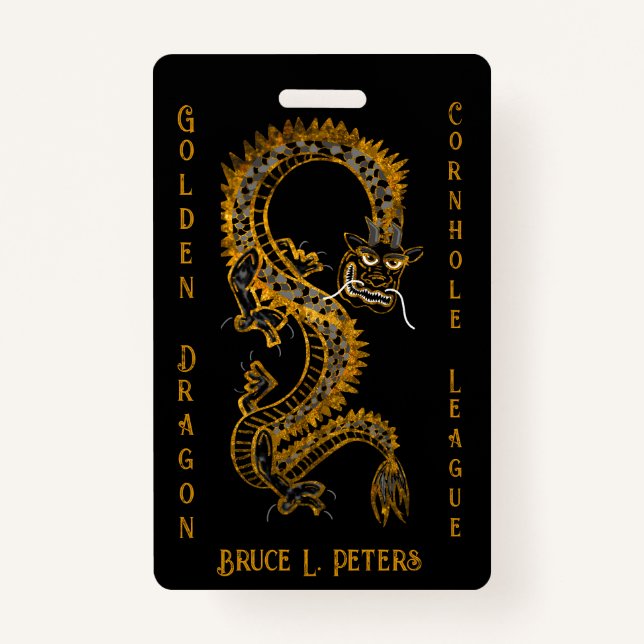 Black Grey Gold Dragon Cornhole League Membership ID Badge (Front)