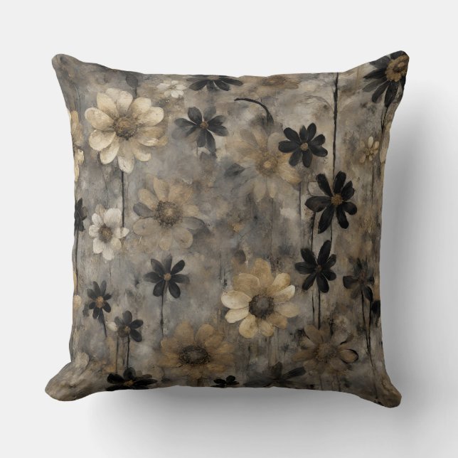 Black Grey Gold Floral Print Cushion (Front)