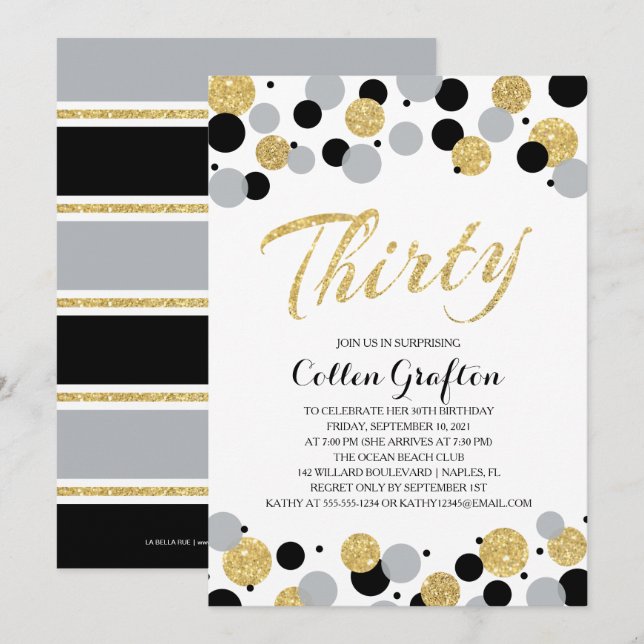 Black Grey Gold Glitter Confetti 30th Birthday Invitation (Front/Back)