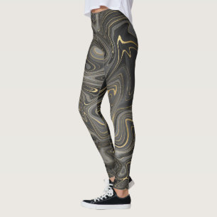 Black Grey Gold Marble Swirl Agate Strata Women's Leggings