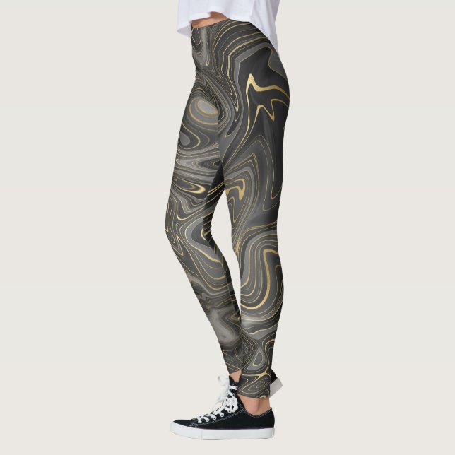 Black Grey Gold Marble Swirl Agate Strata Women's Leggings (Left)