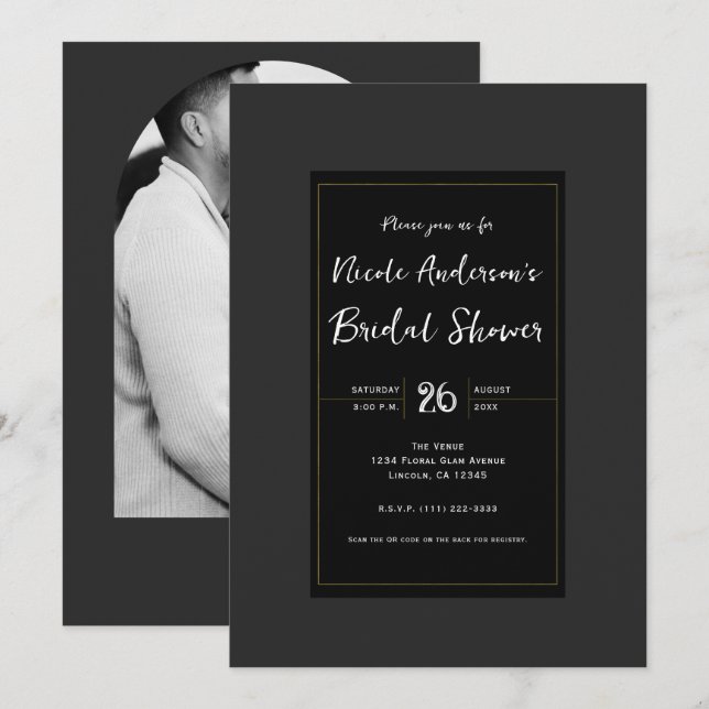Black Grey Gold Modern Minimal Bridal Shower Invitation (Front/Back)