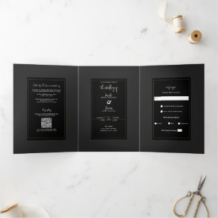 Black Grey Gold Modern Minimal Elegant Wedding Tri-Fold Invitation