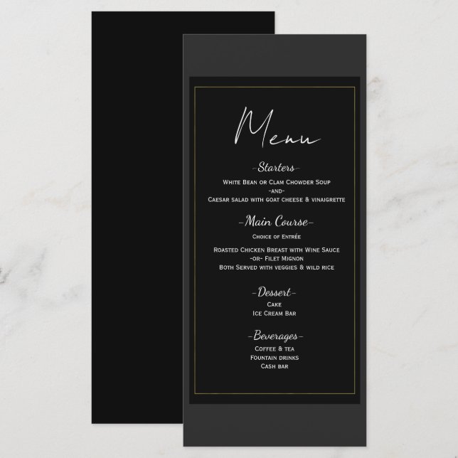 Black Grey Gold Modern Minimal Wedding Menu (Front/Back)