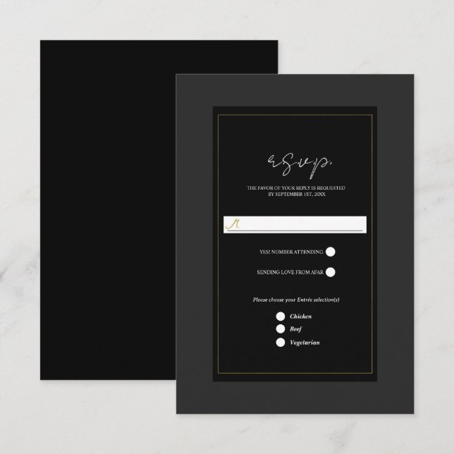 Black Grey Gold Modern Minimal Wedding RSVP (Front/Back)