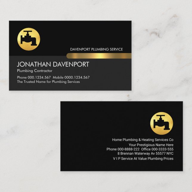 Black Grey Gold Tab Plumbing Business Card (Front/Back)