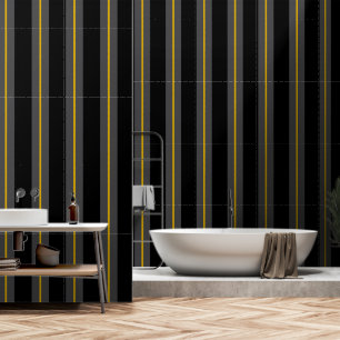 Black Grey Gold Ultra Wide Six Inch Awning Stripe Wallpaper