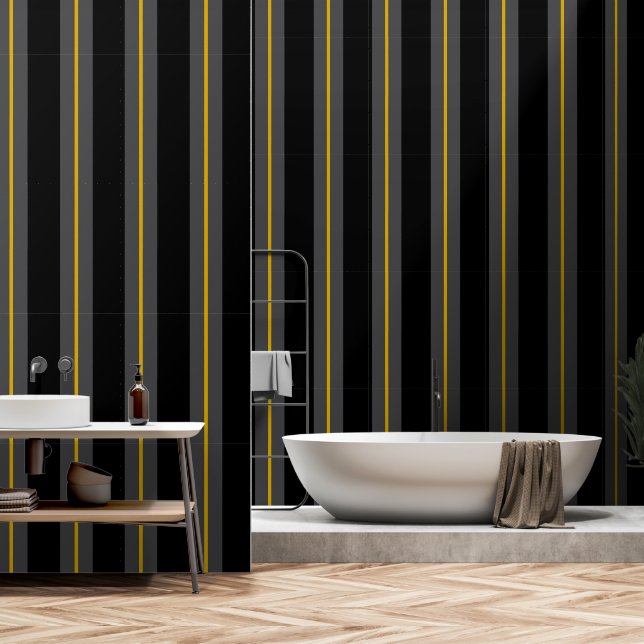 Black Grey Gold Ultra Wide Six Inch Awning Stripe Wallpaper (Bathroom)