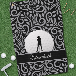Black Grey Golf Golfer Silhouette Pattern For Her Towel