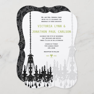 Black Grey Green Damask Chandelier Wedding Invitation