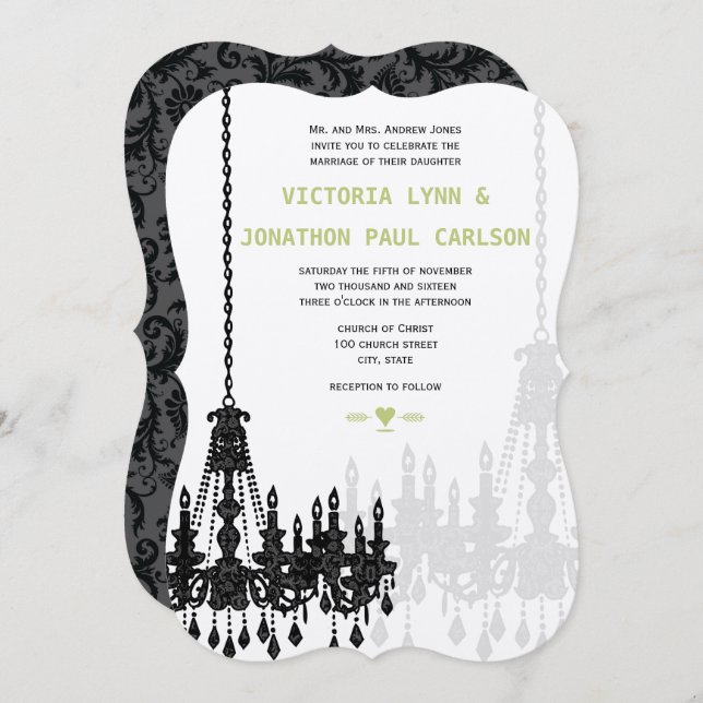 Black Grey Green Damask Chandelier Wedding Invitation (Front/Back)