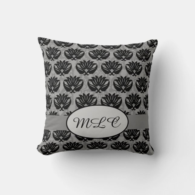 Black Grey Grey Monogram Damask Custom Cushion (Front)