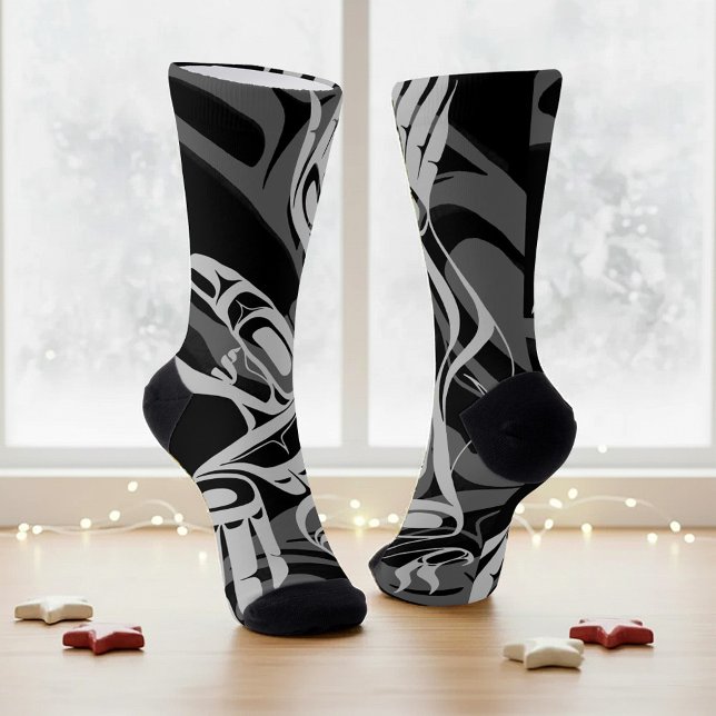 Black Grey Haida Eagle Thunder Bird Native Art Socks (Creator Uploaded)