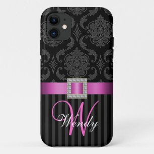 Black Grey Hot Pink Damask Stripes iPhone 11 Case