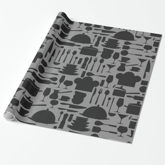 Black & Grey Kitchen Gadget Print Wrapping Paper (Unrolled)
