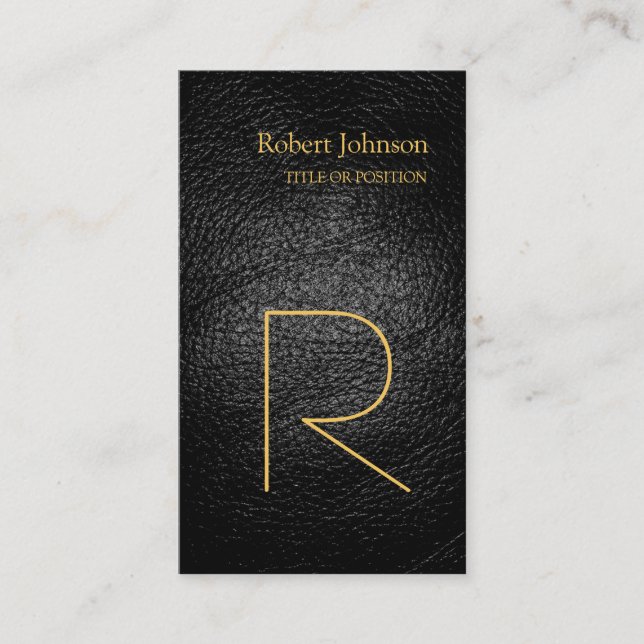 Black Grey Leather Gold Monogram Business Card (Front)