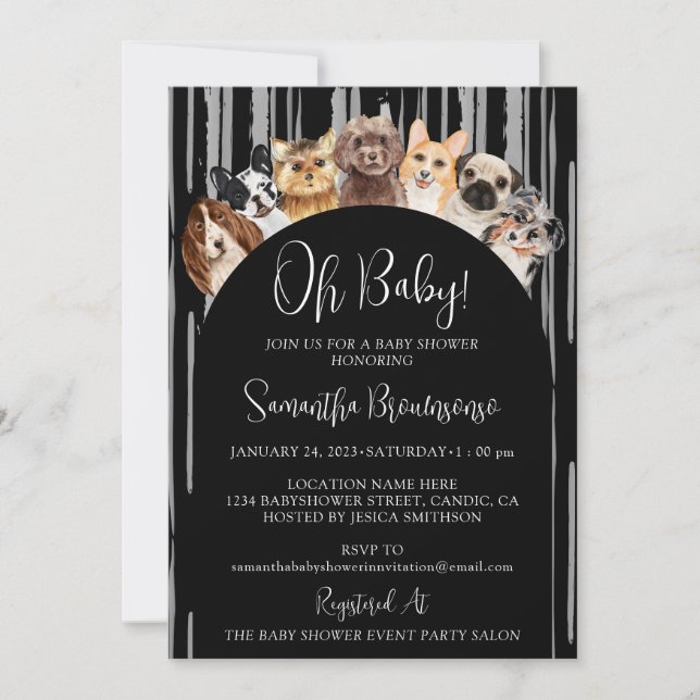 Black Grey Lines Dogs Oh baby Invitation (Front)