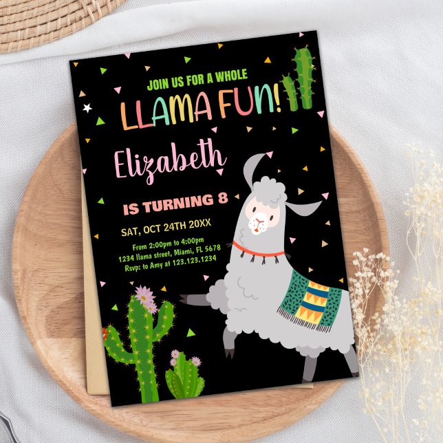 Black Grey Llama Fun Llama Birthday Invitations (Black Gray Llama Fun Llama Birthday Invitations)