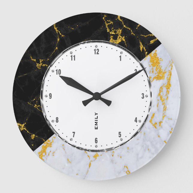 Black & Grey Marble, Gold Accent Geometric Design Large Clock (Front)