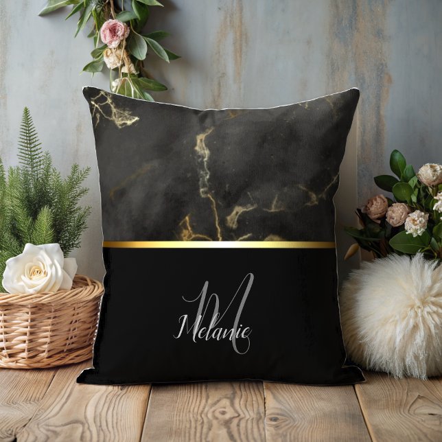 Black grey marble gold monogram Throw Pillow (Creator Uploaded)
