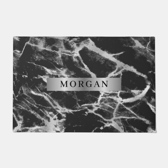 Black & Grey Marble, Name on Silver Band Doormat (Front)