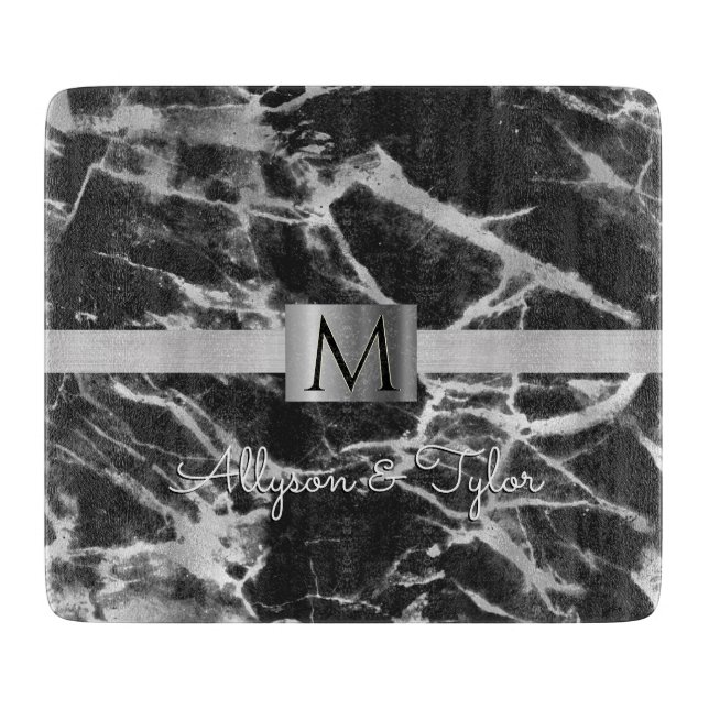 Black & Grey Marble, Silver Band, Name & Monogram Cutting Board (Front)