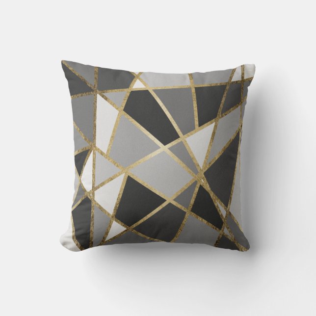 Black & Grey Modern Geo Gold Triangles Cushion (Front)