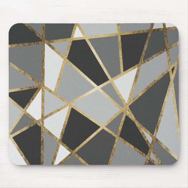 Black & Grey Modern Geo Gold Triangles Mouse Mat (Front)