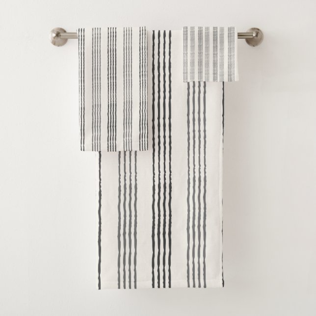 Black Grey Modern Minimalist Stripe Boho  Bath Towel Set (Insitu)
