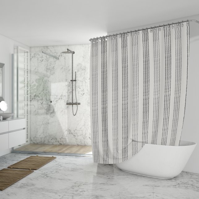 Black Grey Modern Minimalist Stripe Boho  Shower Curtain (Black Grey Modern Minimalist Stripe Boho Shower Curtain)