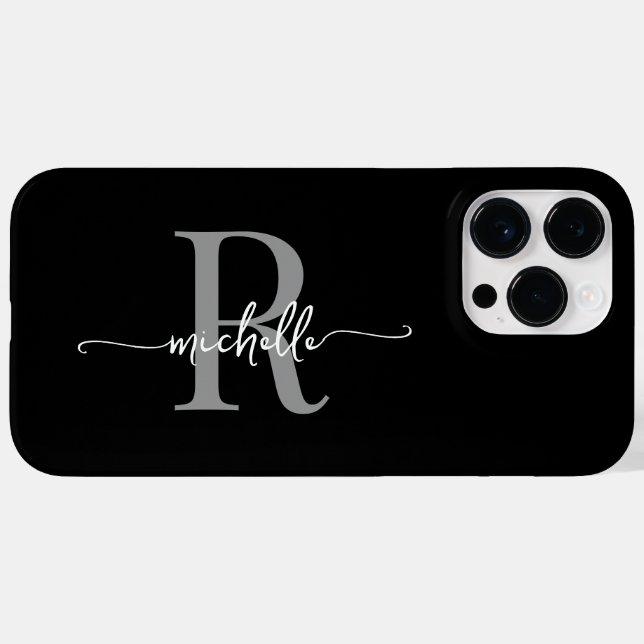 Black Grey Modern Stylish Script Monogram Initial Case-Mate iPhone Case (Back (Horizontal))